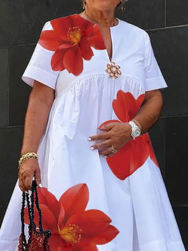 A-Line Loose Flower Print Pleated V-Neck Midi Dresses for Women - gallery