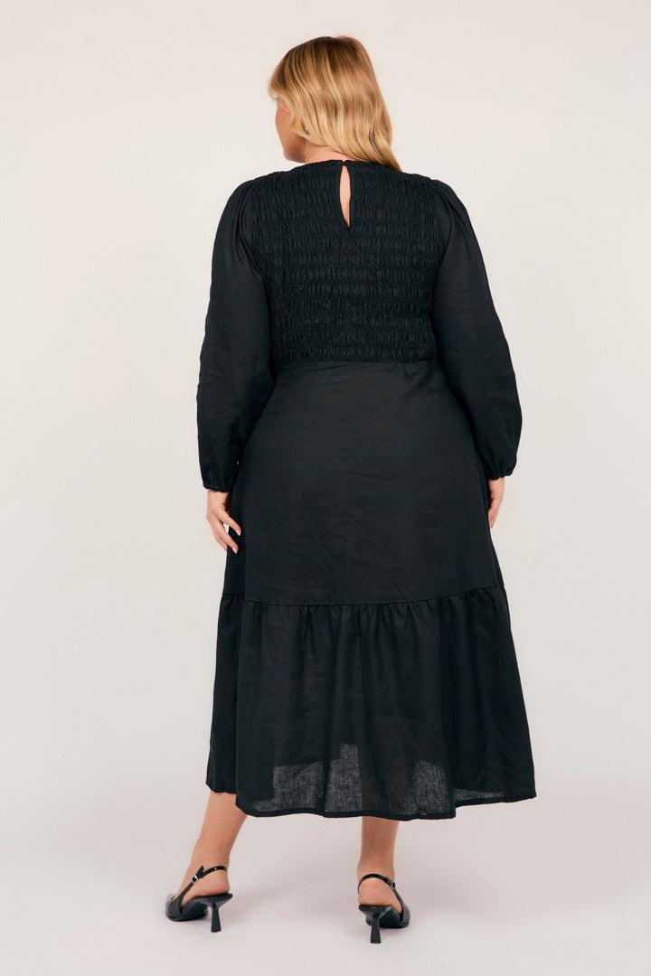 Minden Linen Long Sleeve Shirred Dress in Black for Women - gallery