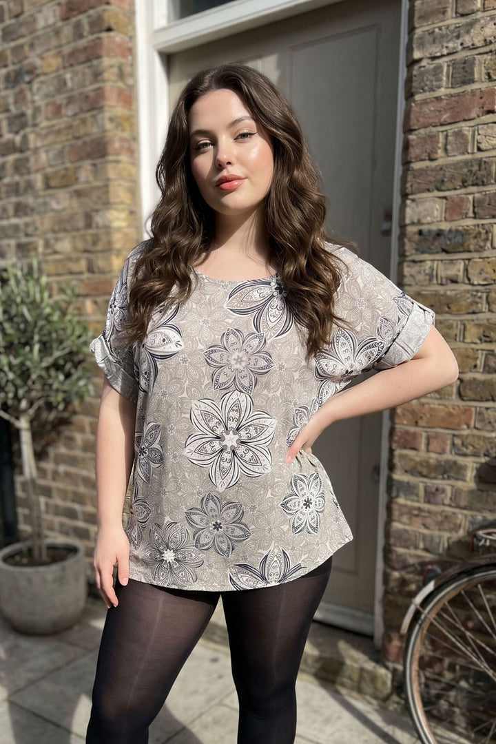 Abstract Floral Print Tunic Cotton Top for Women - Beige