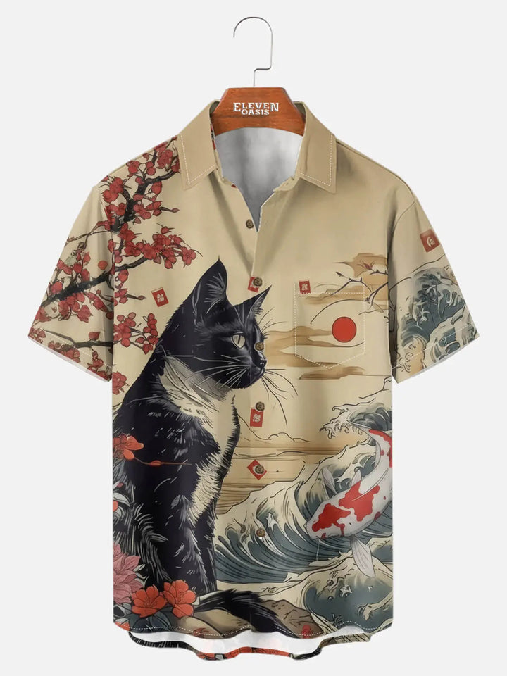 Japanese Cat and Koi Print Short Sleeve Shirt for Men