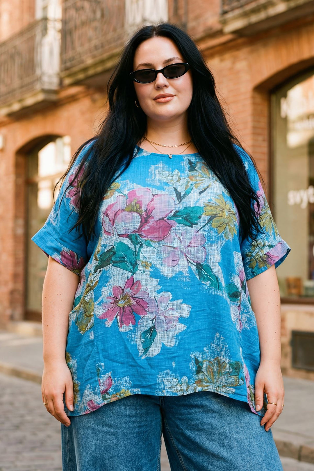 Floral Print Two Front Patch Pockets Oversized Cotton Top — Turquoise