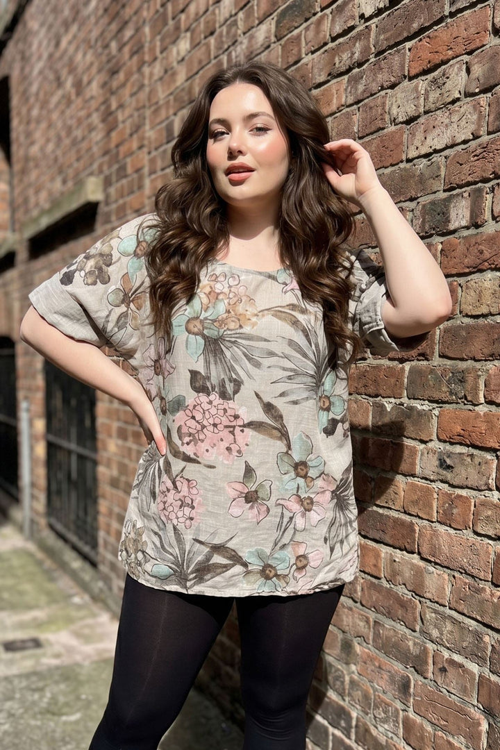 Tropical Floral Print Tunic Cotton Top for Women - Beige