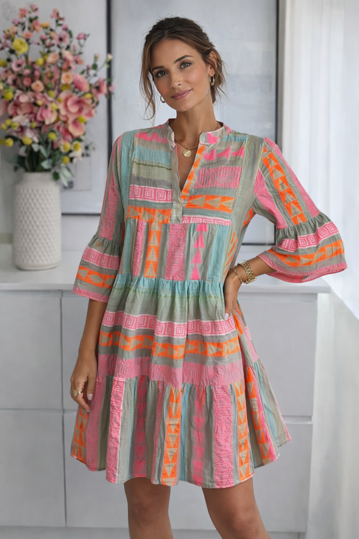 Solene - Printed V-Neck Loose Midi Dress for Women