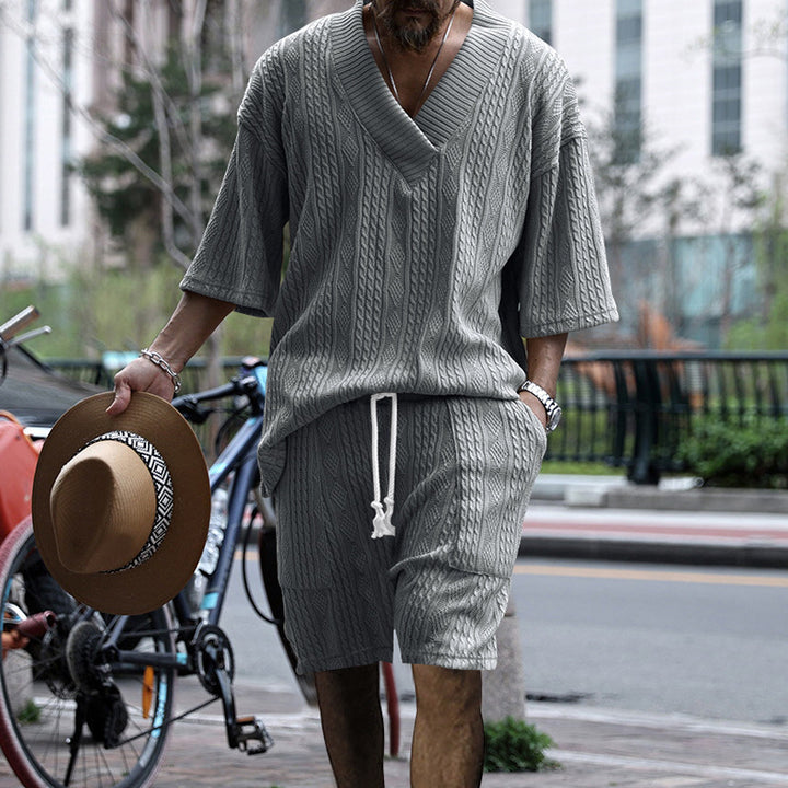Jacquard V-Neck T-Shirt and Drawstring Shorts Set for Men - Light Grey