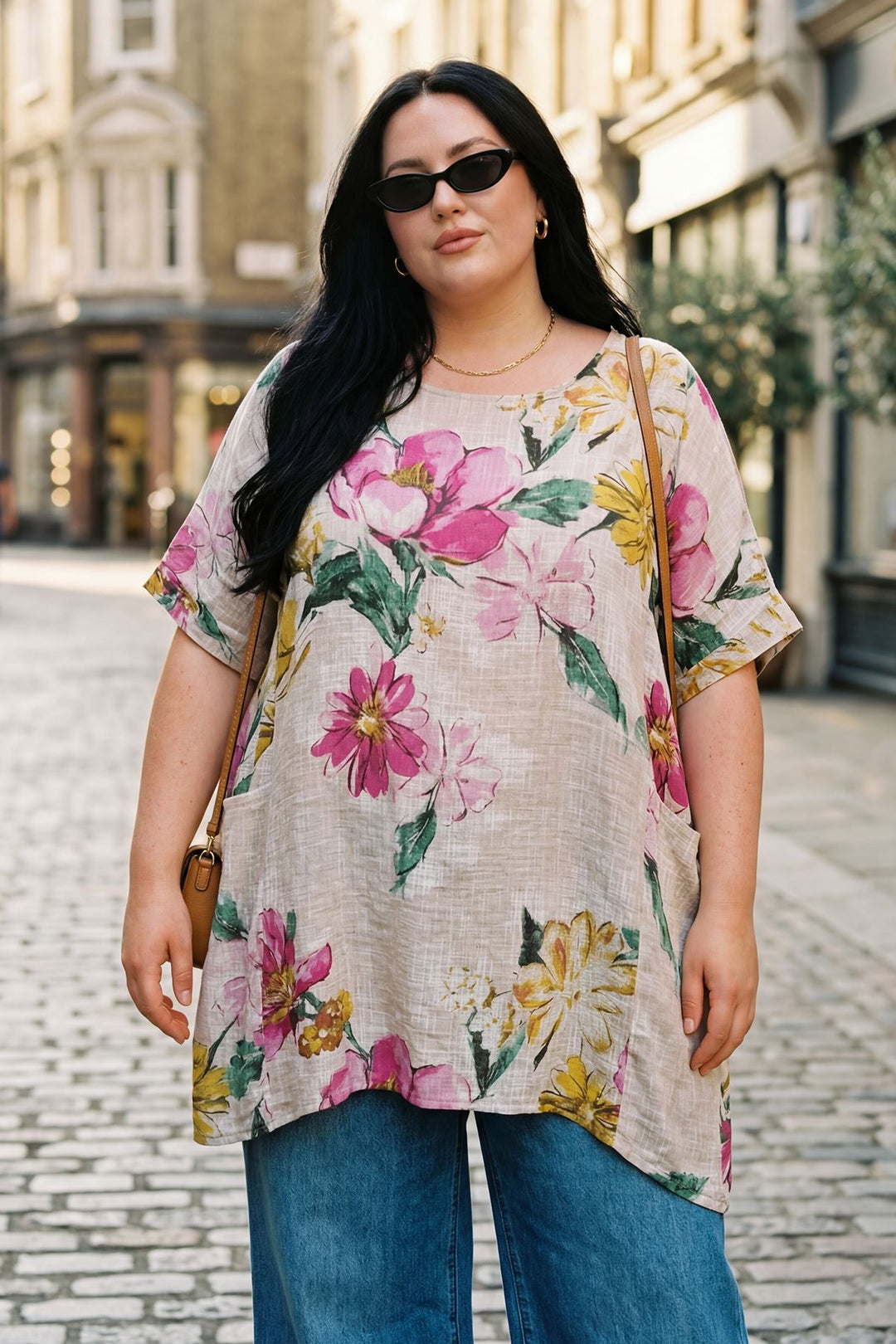 Floral Print Two Front Patch Pockets Oversized Cotton Top — Beige