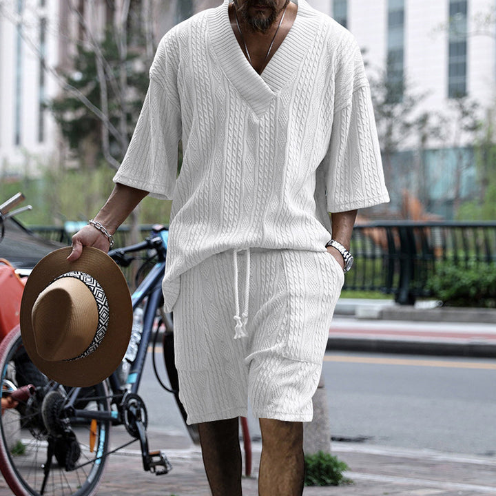 Jacquard V-Neck T-Shirt and Drawstring Shorts Set for Men - gallery