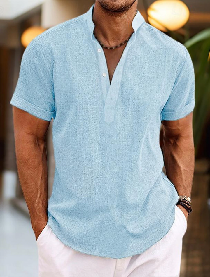 Linen Henley Summer Casual Shirt for Men - Light Blue