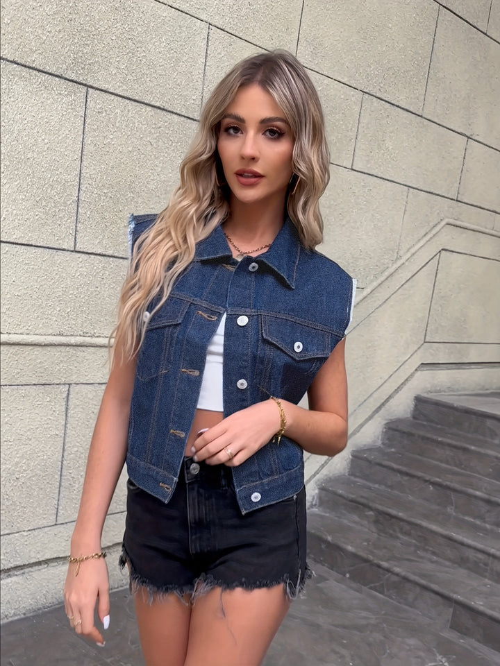 Sleeveless Denim Jacket with Flap Pockets