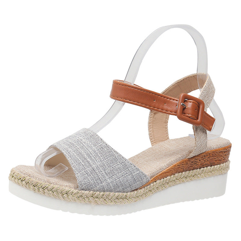 Ankle-Strap Jute-Soled Lightweight Casual Fishmouth Wedge Sandals for Women - Light Gray