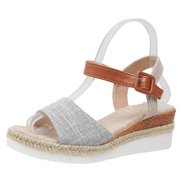Ankle-Strap Jute-Soled Lightweight Casual Fishmouth Wedge Sandals for Women - Light Gray