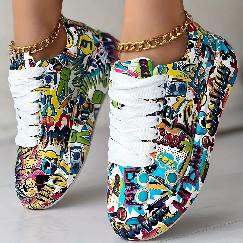 Graffiti-Print Layered Platform Trainers for Women