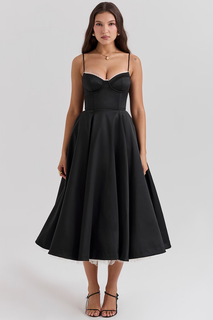 Flowing Midi Dress with a Close-Fitted Silhouette