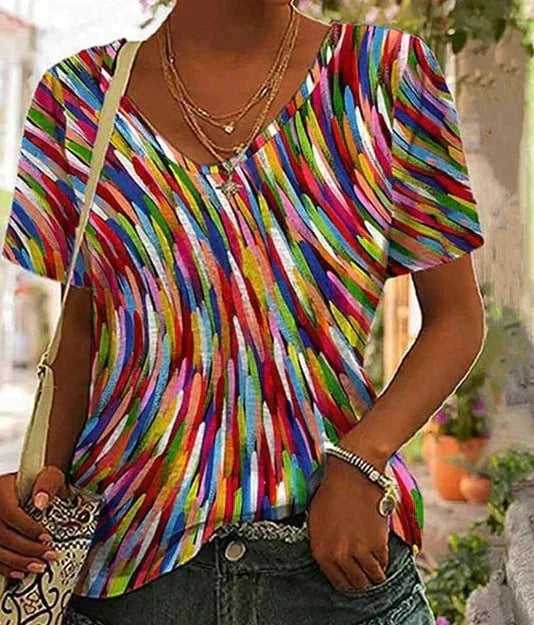Colourful Print Woven Blouse with a Notched Collar