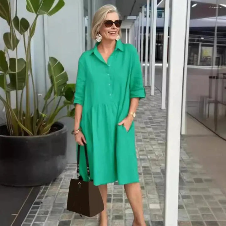 Cotton Midi Shirt Dress with Button Placket