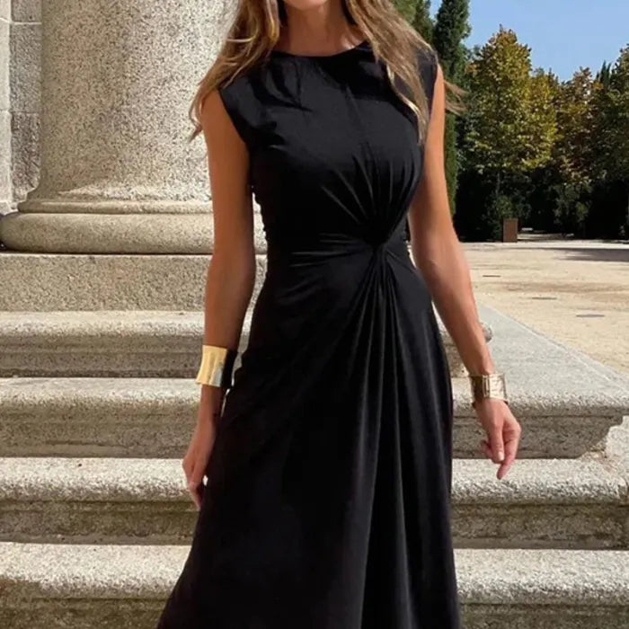 Long Sleeve V-Neck Maxi Dress - Solid Colour Evening Wear