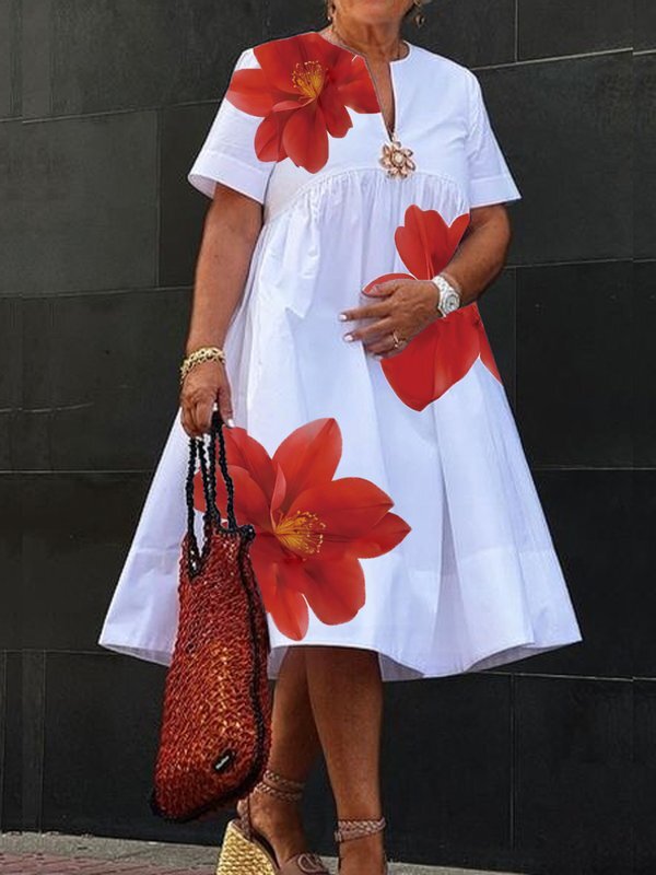 A-Line Loose Flower Print Pleated V-Neck Midi Dresses for Women