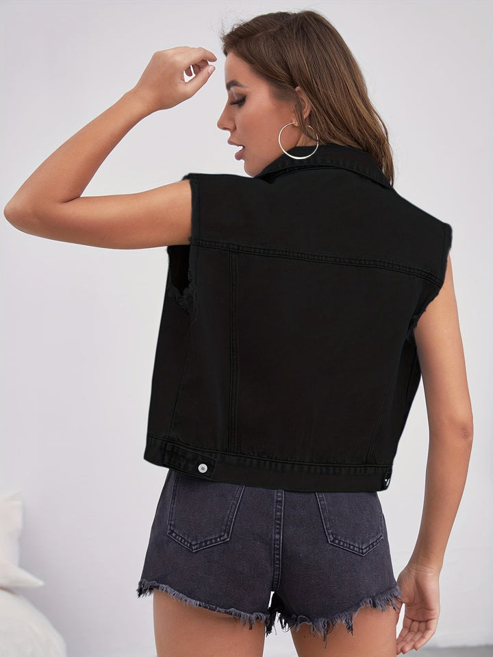 Sleeveless Denim Jacket with Flap Pockets