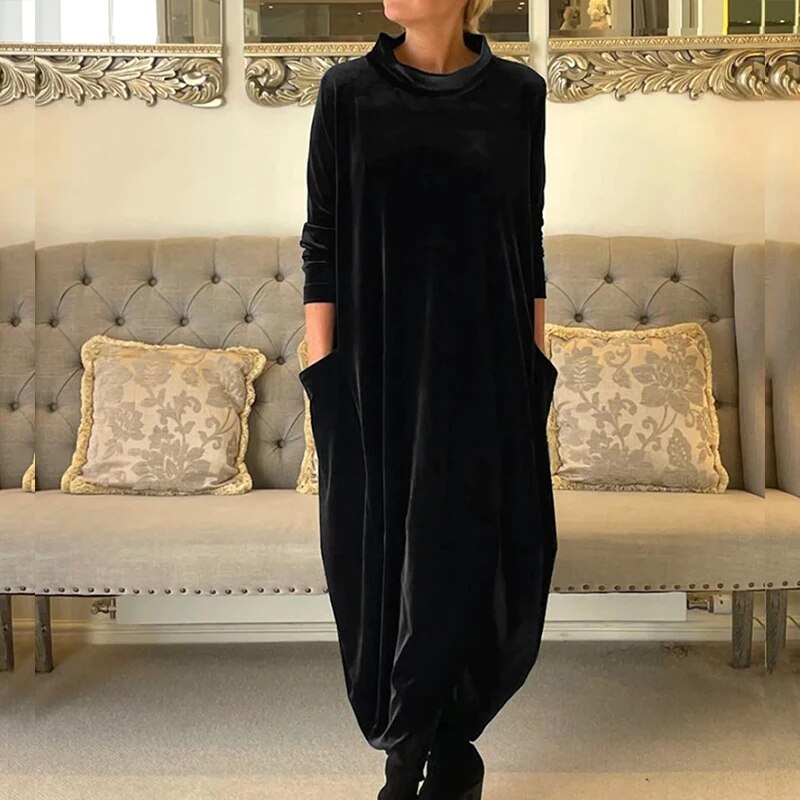 Velvet Midi Dress with Side Seam Pockets for Women