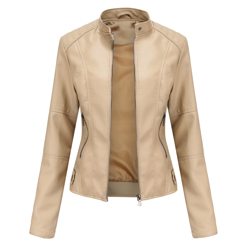 Collarless Biker Jacket in Genuine Leather for Women
