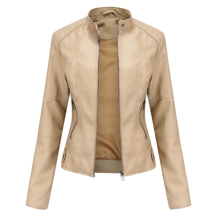 Collarless Biker Jacket in Genuine Leather for Women