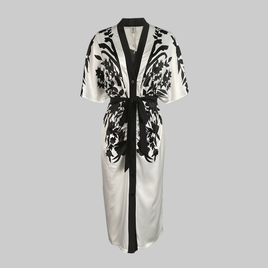 Half Sleeves Flower Print Printed Tied Waist V-Neck Midi Dresses for Women - gallery