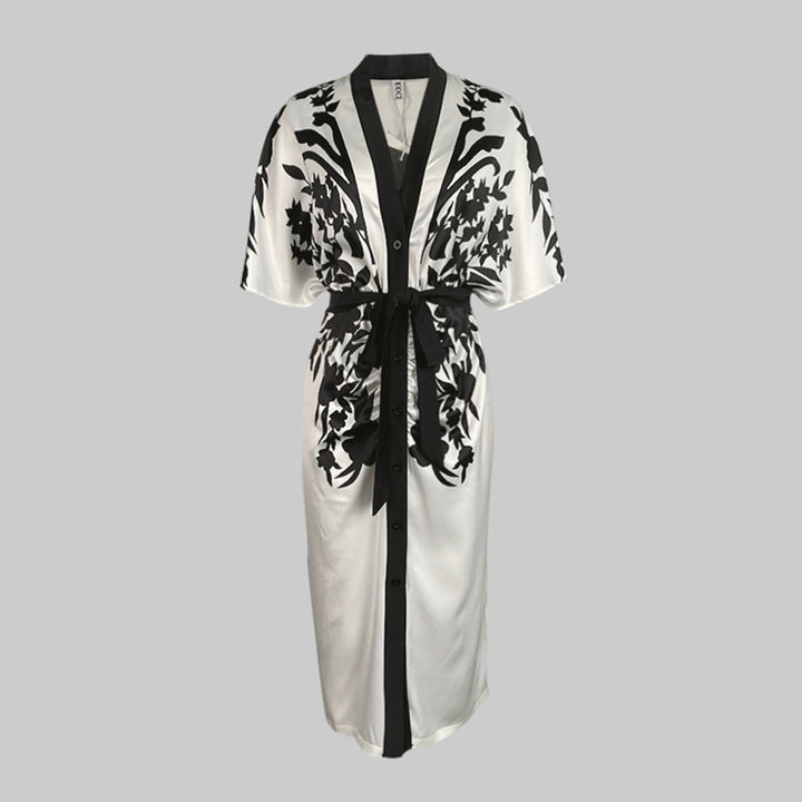 Half Sleeves Flower Print Printed Tied Waist V-Neck Midi Dresses for Women - gallery