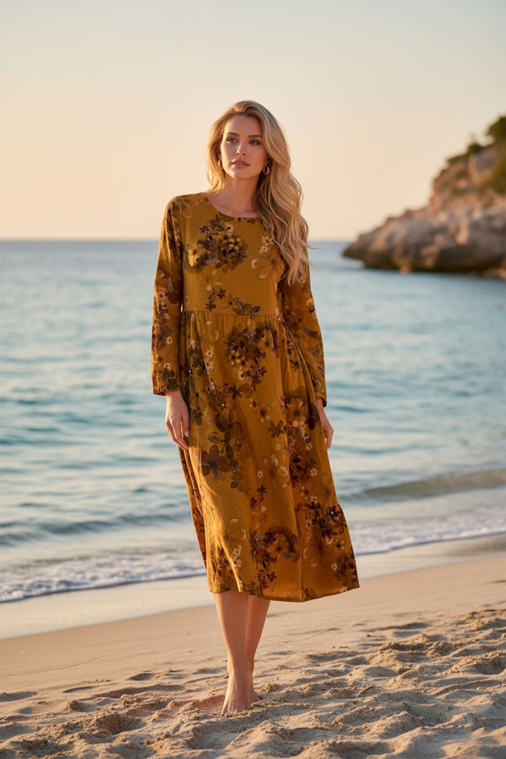 Floral Print Empire seam Waist Cotton Dress — Mustard Yellow