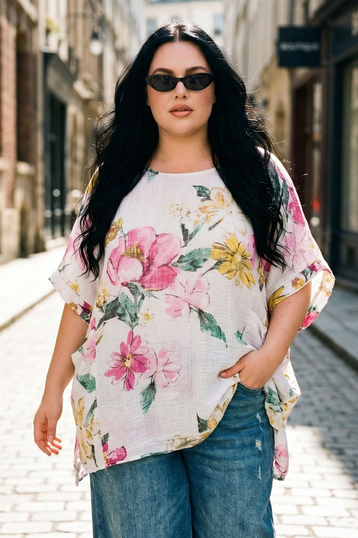 Floral Print Two Front Patch Pockets Oversized Cotton Top — White