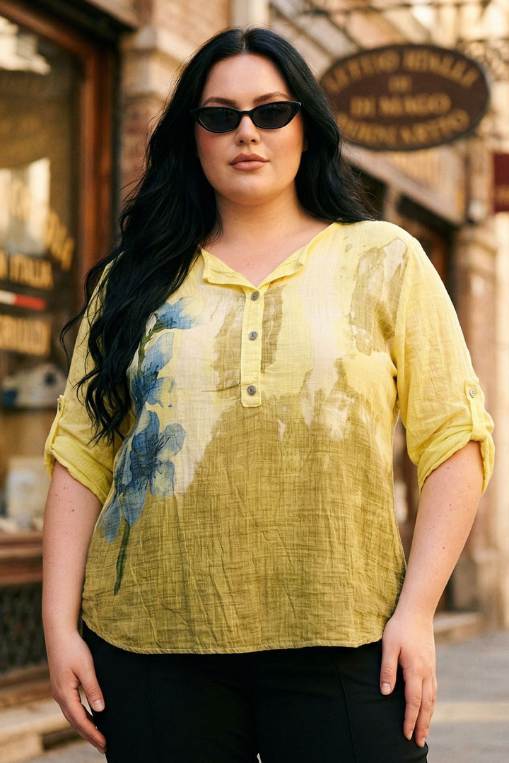 Abstract Floral Button Detail Tunic Cotton Top — Lemon