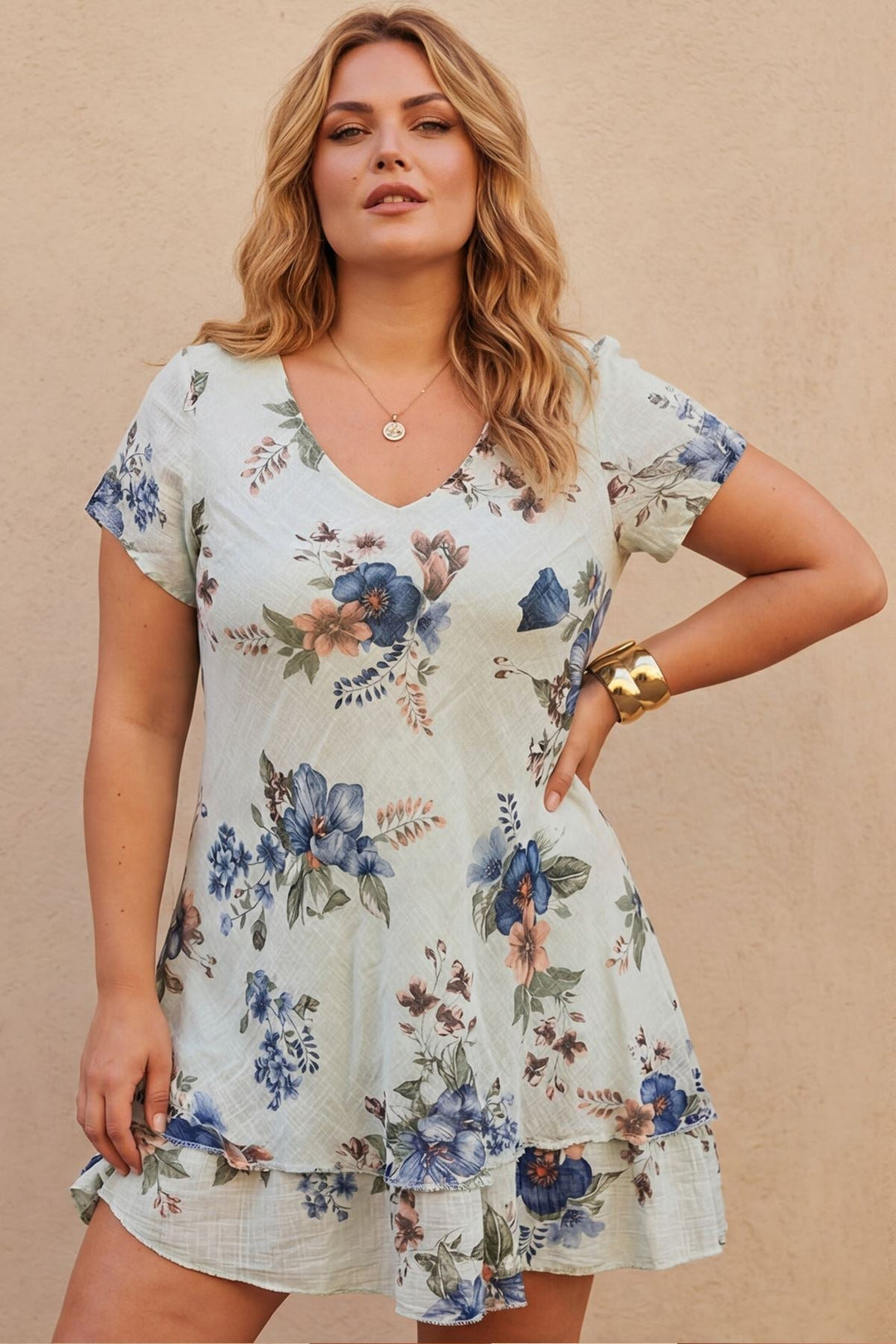 Flower Print Flared Hem Cotton Dress — White
