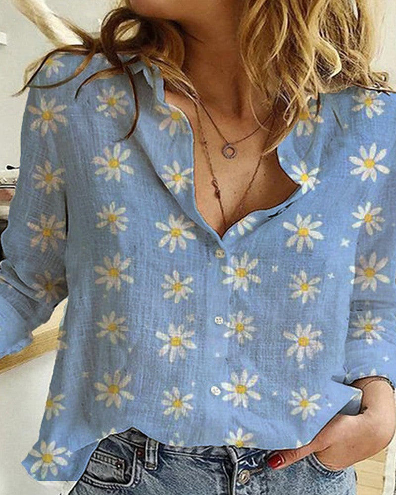 Pure Linen Daisy Print Button Front Shirt Tops By Brand Black Jack - gallery