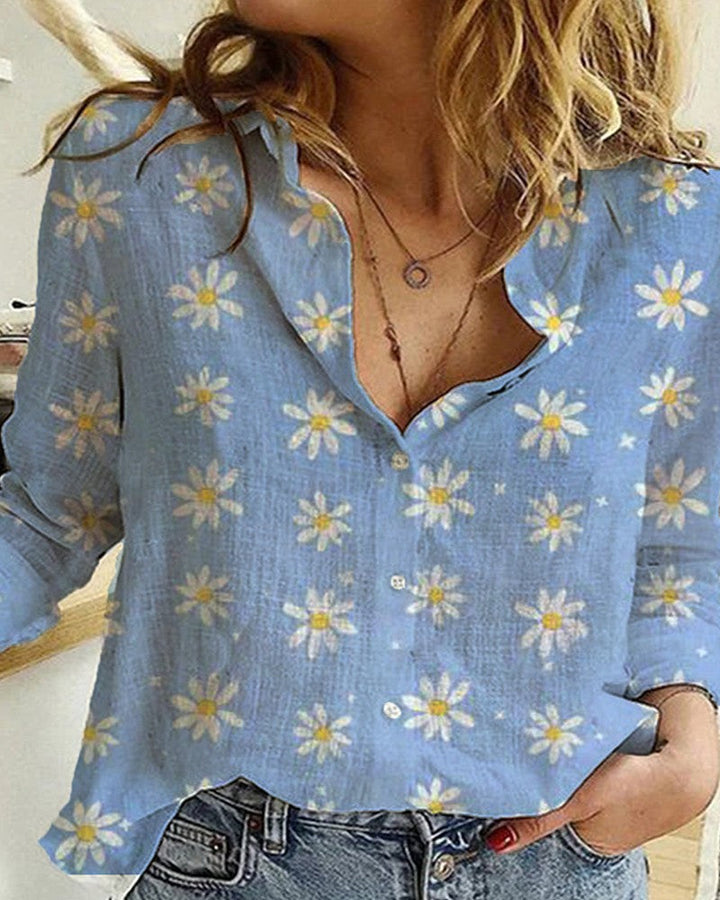 Pure Linen Daisy Print Button Front Shirt Tops By Brand Black Jack - gallery