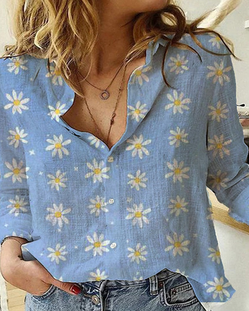 Pure Linen Daisy Print Button Front Shirt Tops By Brand Black Jack - gallery