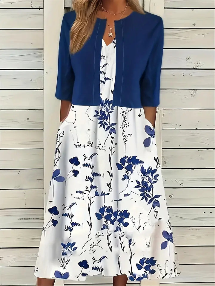 Floral Two-Piece Set with Crop Top and Round Neck Dress