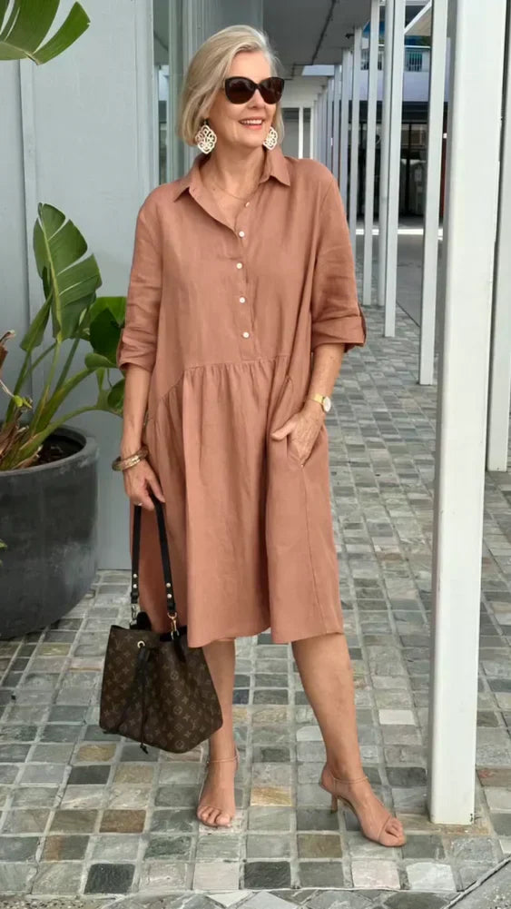 Cotton Midi Shirt Dress with Button Placket