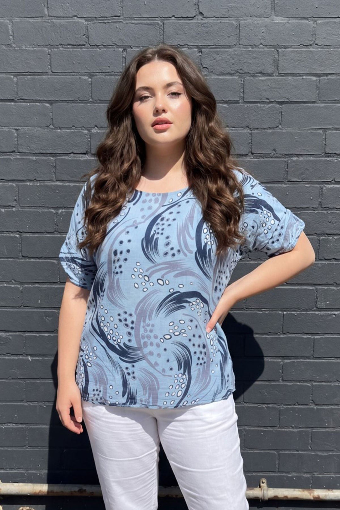 Abstract Print Oversized Tunic Cotton Top for Women - Sky Blue