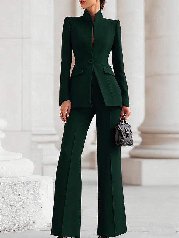 Long Sleeves Buttoned Pockets Solid Color Stand Collar Blazer Outerwear - gallery