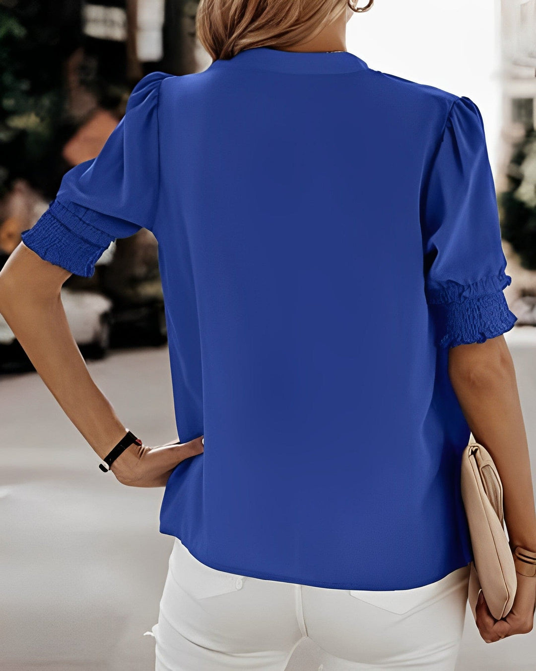 V-Neck Puff Sleeve Chiffon Blouse - Loose Fit