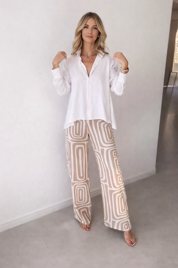 White Printed Blouse and Wide-Leg Trousers Two-Piece Set