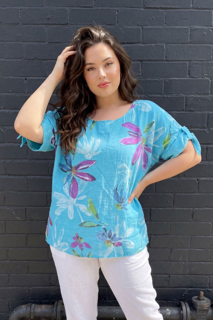Floral Print Oversized Tunic Cotton Top for Women - Turquoise