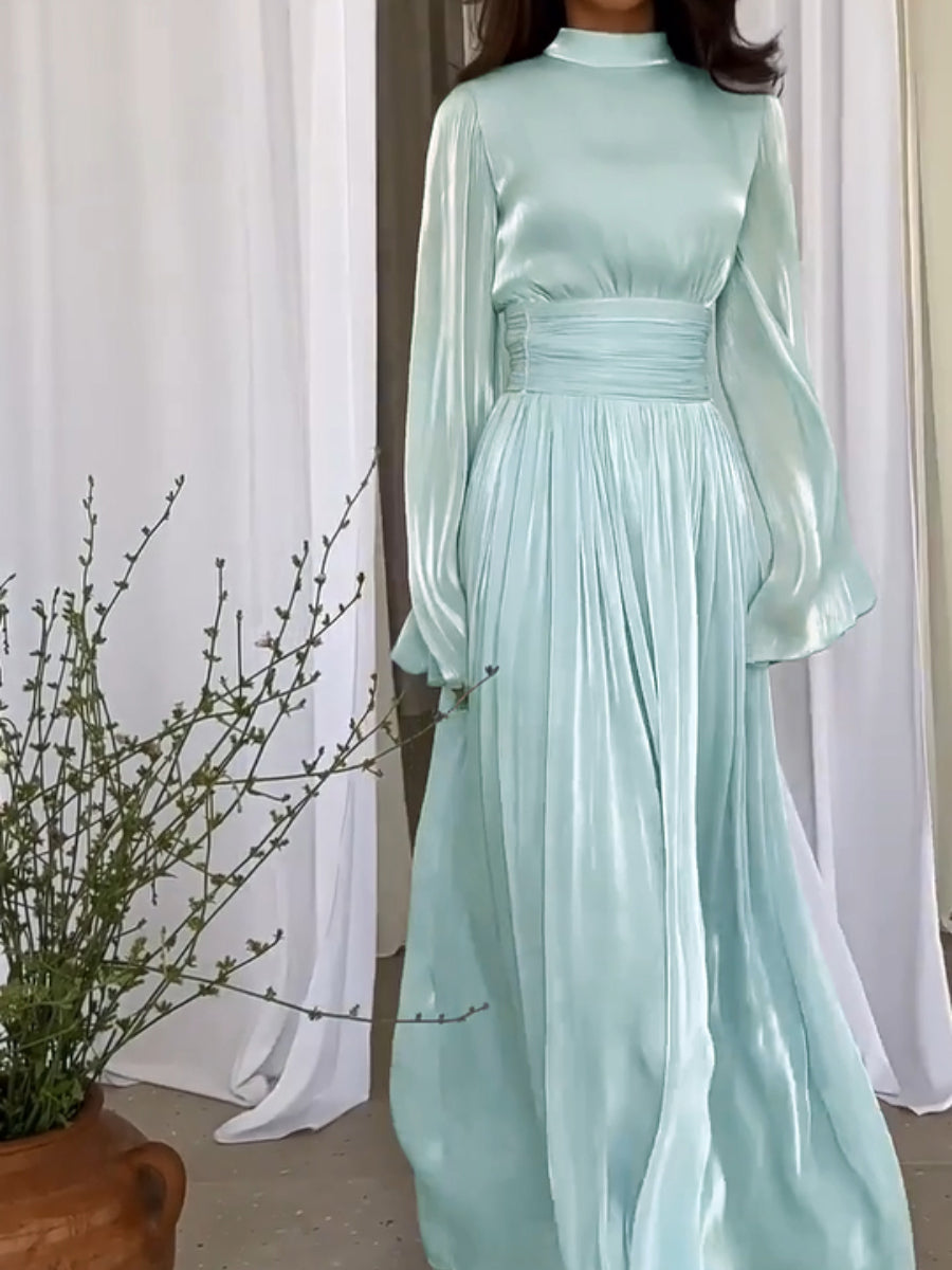 Long Maxi Dress with Pleated Waist and Raised Collar