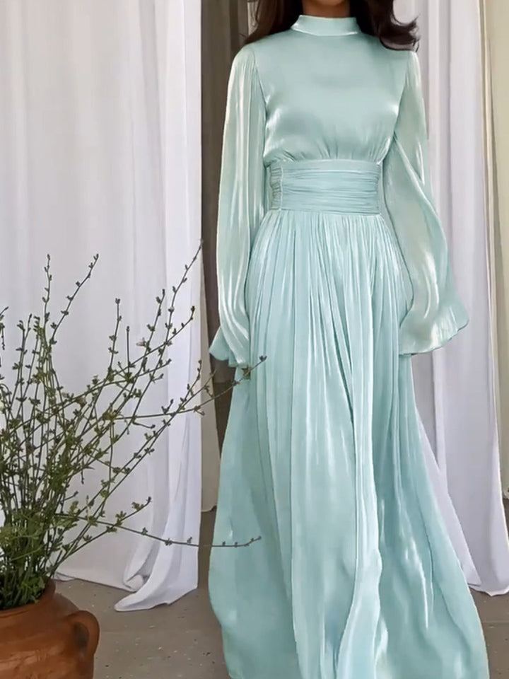 Long Maxi Dress with Pleated Waist and Raised Collar