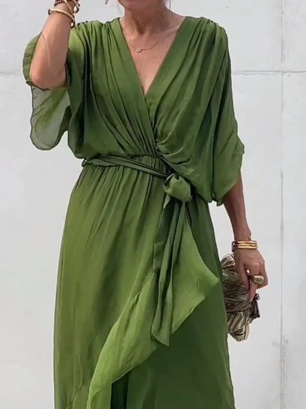 Green V-Neck Chiffon Dress for Garden Parties and Beyond