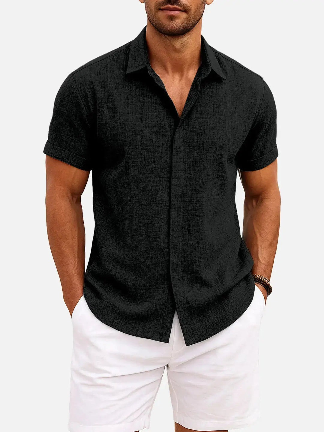 Linen Cotton Blend Short Sleeve Shirt for Men - Black