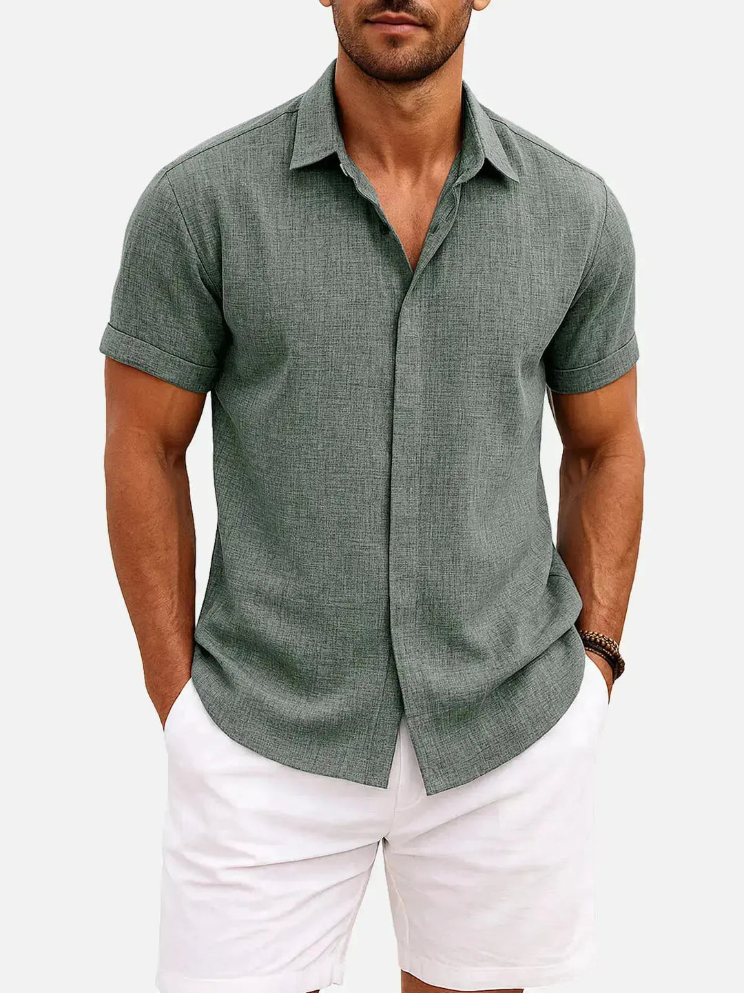 Linen Cotton Blend Short Sleeve Shirt for Men - Green