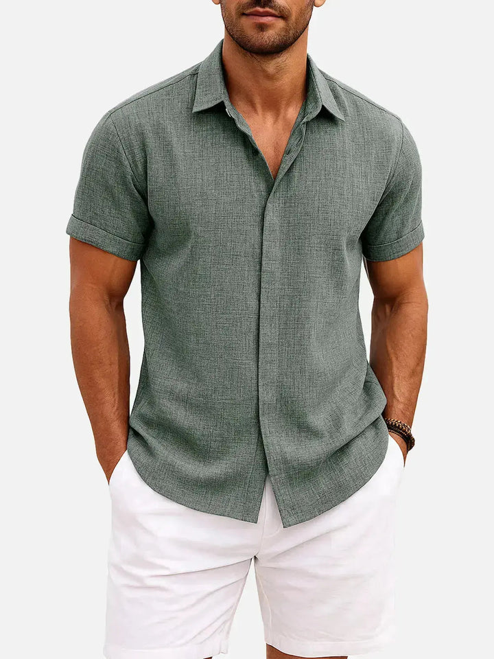 Linen Cotton Blend Short Sleeve Shirt for Men - Green