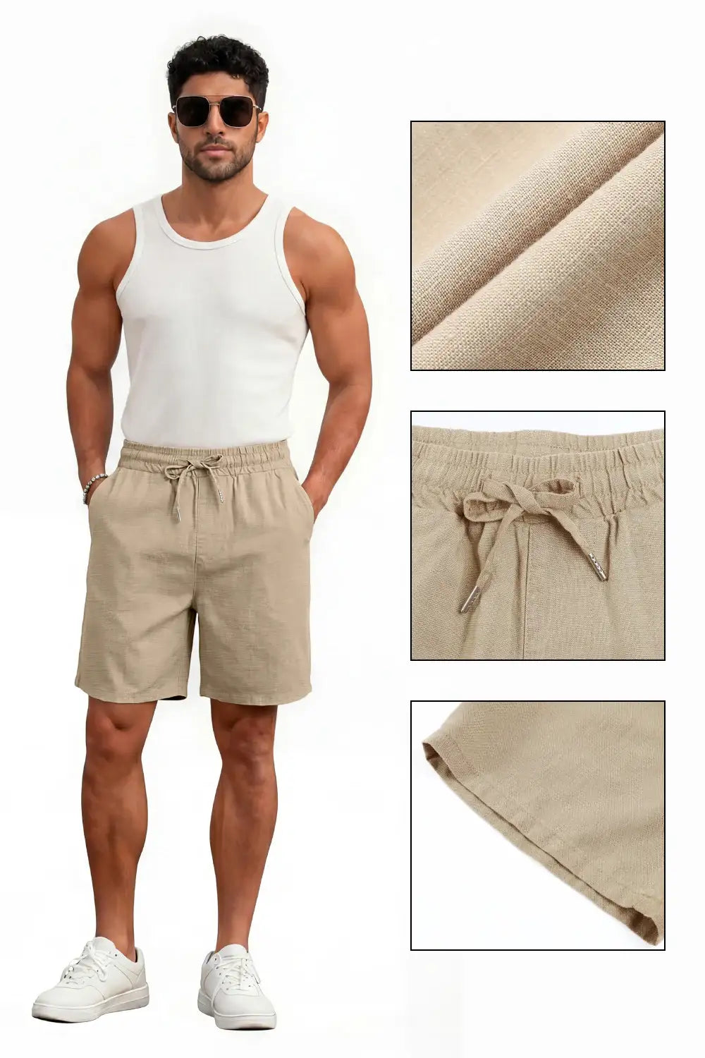 Drawstring Casual Linen Shorts in Khaki for Men - gallery