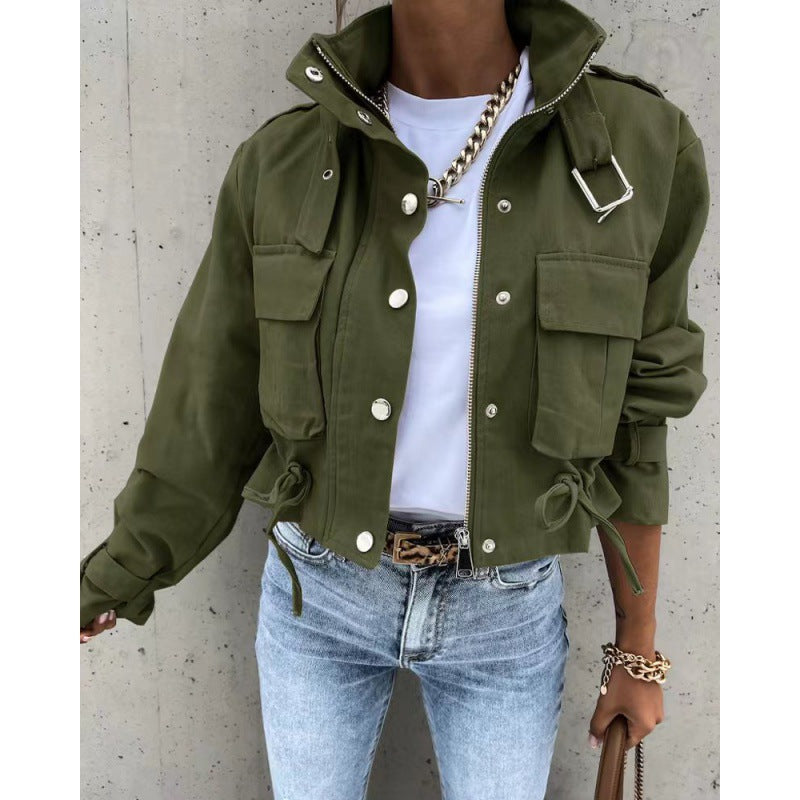 Stand-Up Collar Jacket with Concealed Placket for Women