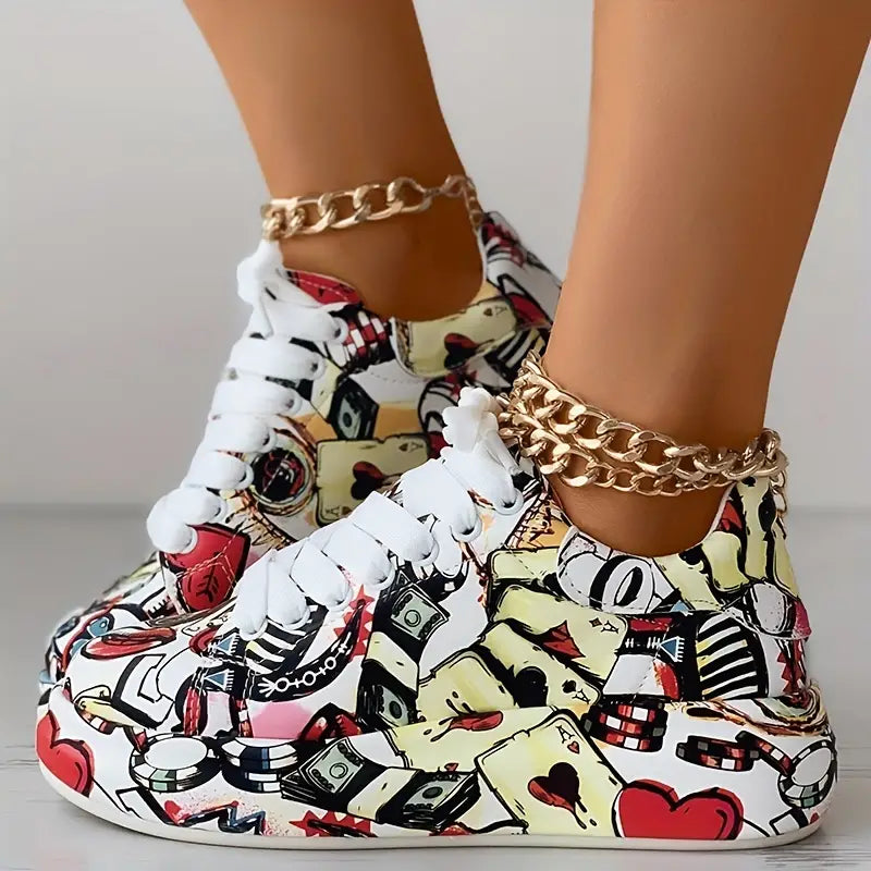 Graffiti-Print Layered Platform Trainers for Women