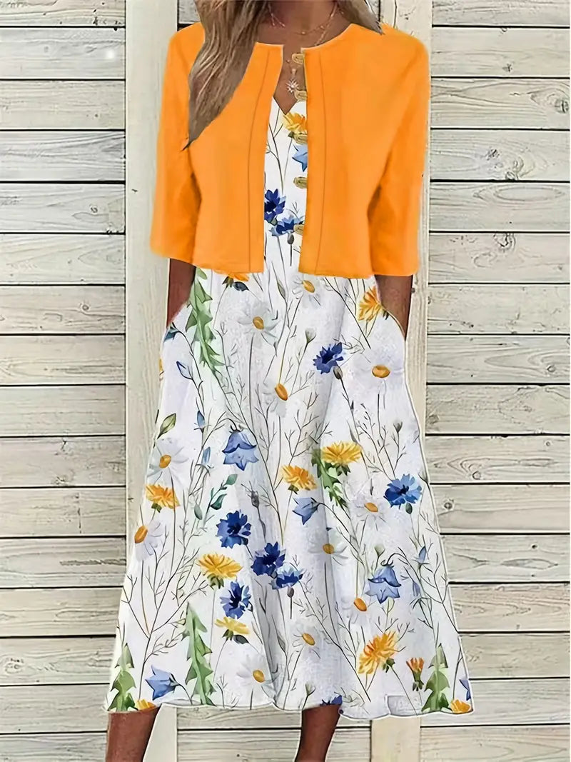 Floral Two-Piece Set with Crop Top and Round Neck Dress